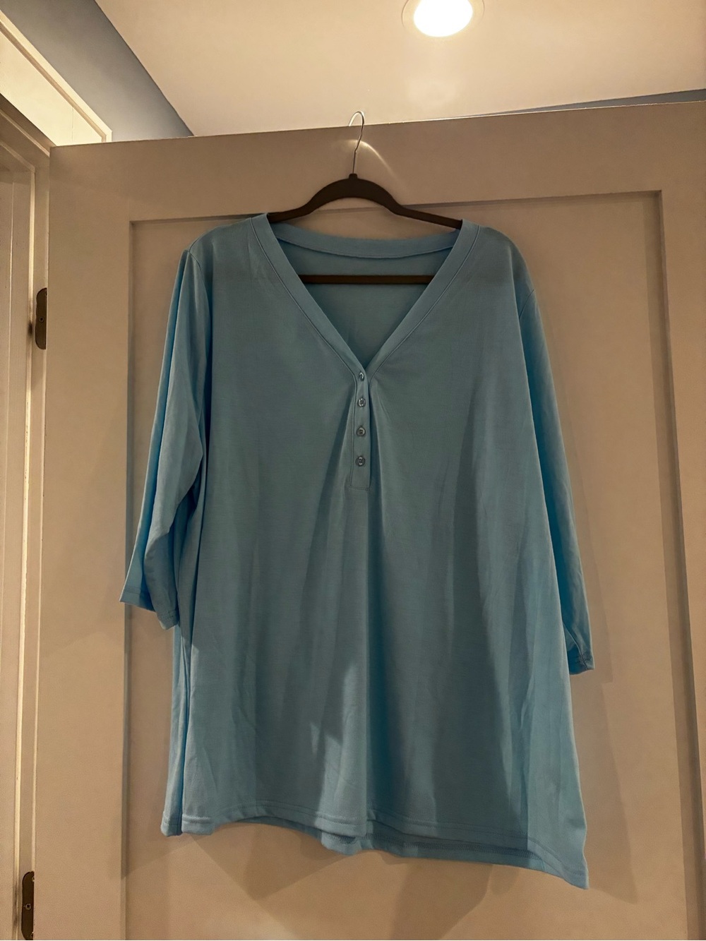 Light Blue V-Neck Henley Women's Top